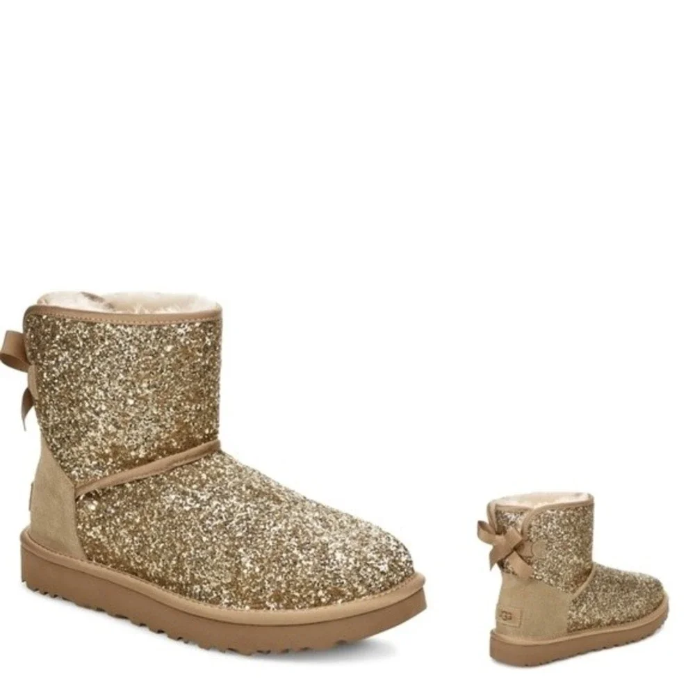 New! UGG Classic Bow Cosmos Gold Glitter Shearling Boots Ankle Boots NWOB Size 6